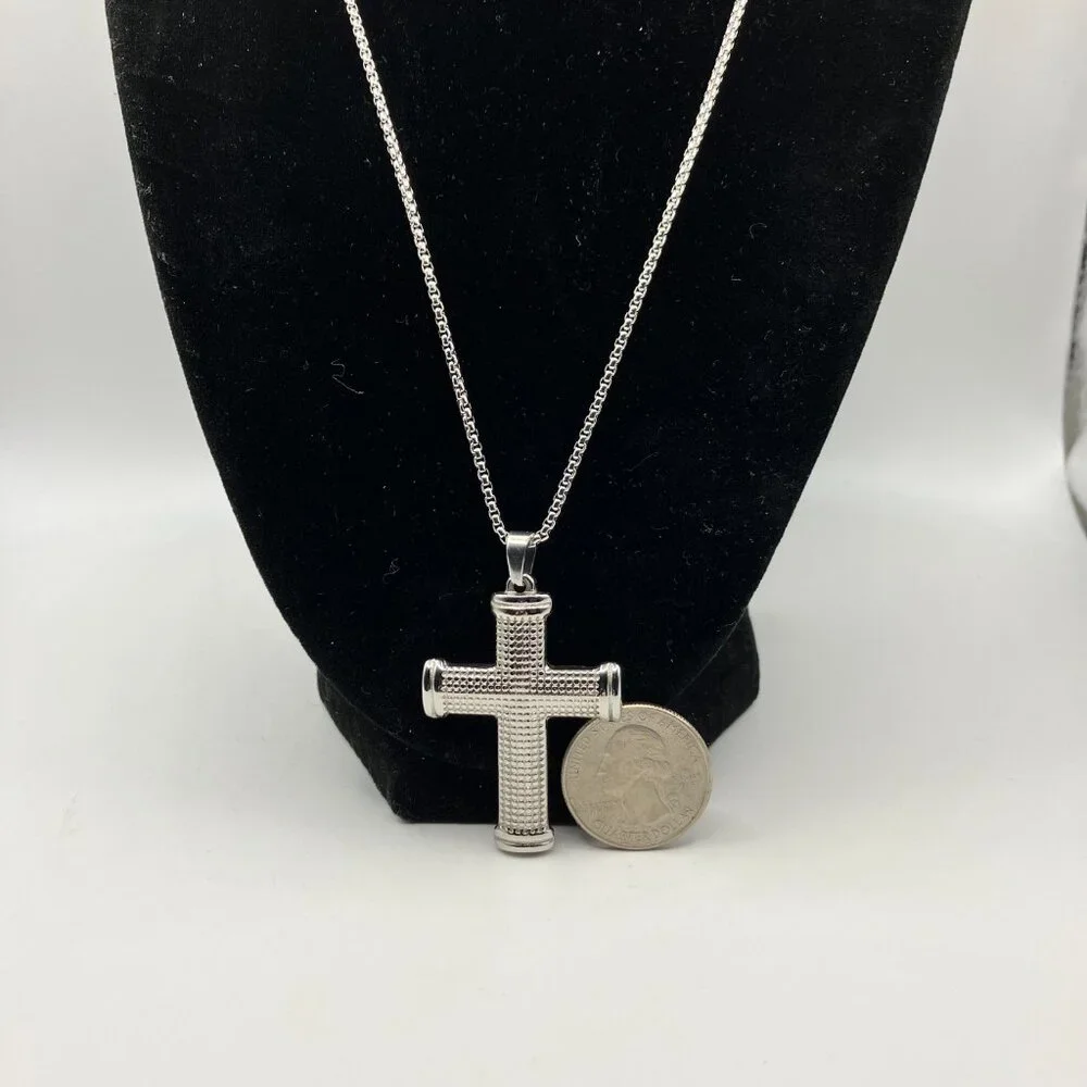 Stainless Steel Cross Pendant Necklace on 19-inch Chunky Chain Brand NEW Chain